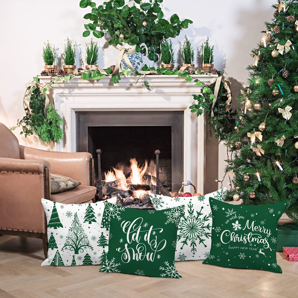 Christmas Throw Pillow Covers 18x18 Set of 4, Merry Christmas Winter Xmas Snowflake - Green