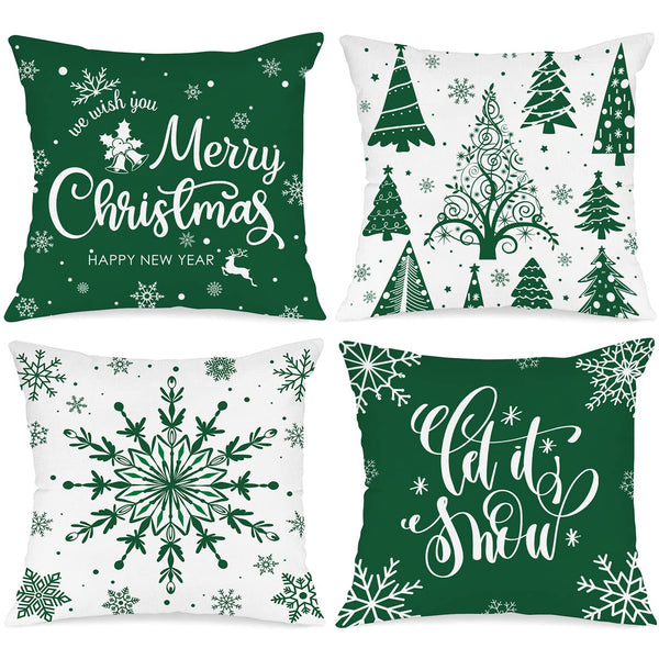 Christmas Throw Pillow Covers 18x18 Set of 4, Merry Christmas Winter Xmas Snowflake - Green