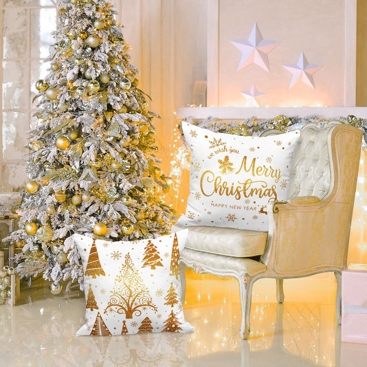 White and Gold Bronzing Christmas Throw Pillow Covers 18x18 Set of 4, 18 inch