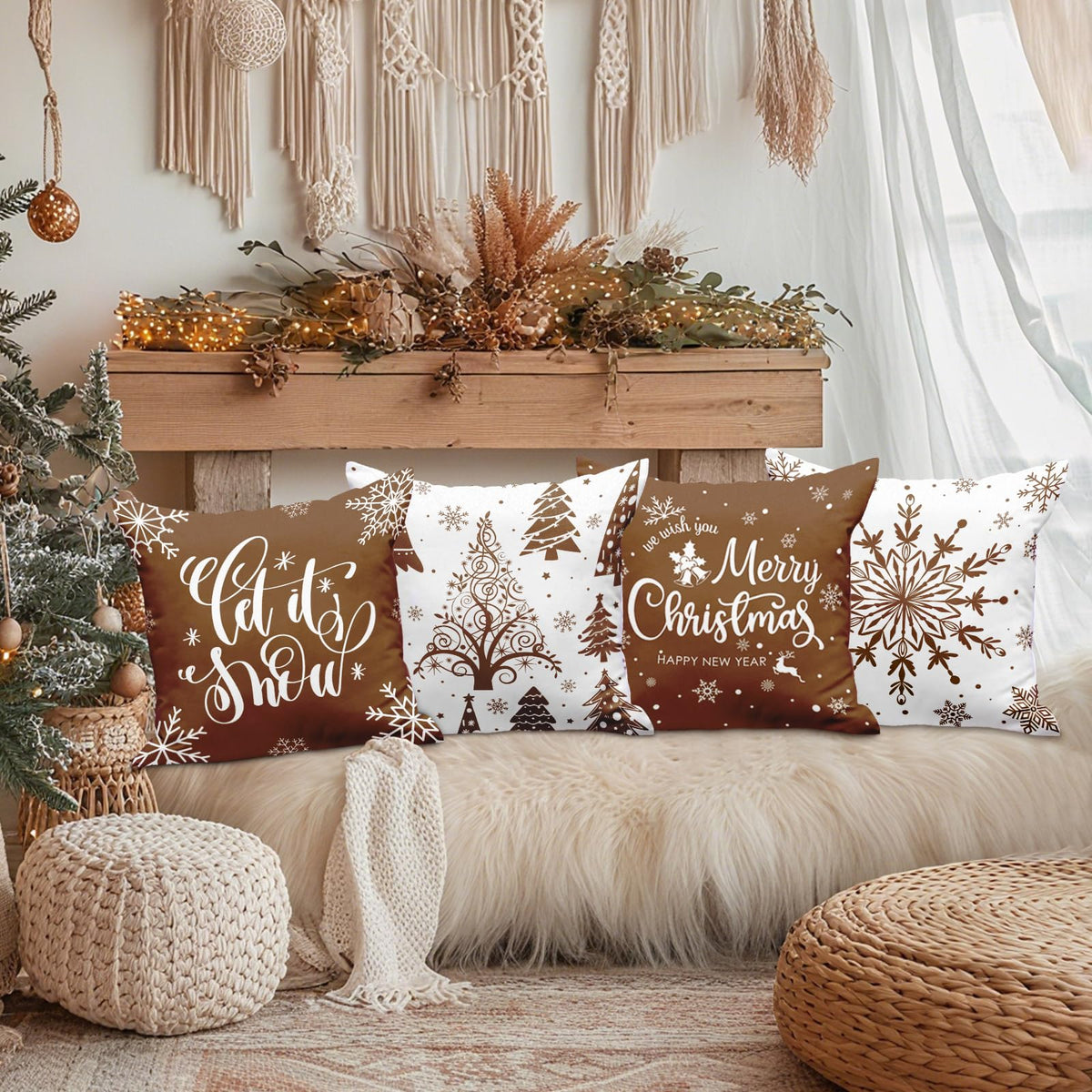 Christmas Throw Pillow Covers 18x18 Set of 4, Merry Christmas Winter Xmas Snowflake - Brown