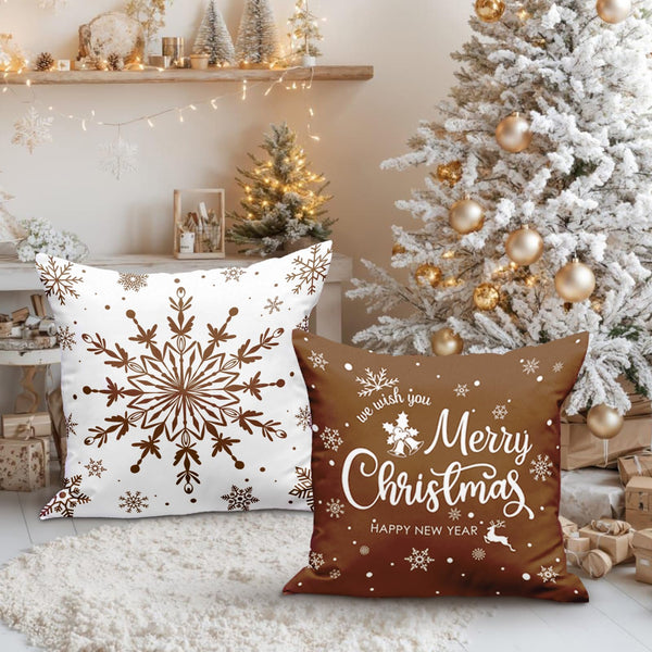 Christmas Throw Pillow Covers 18x18 Set of 4, Merry Christmas Winter Xmas Snowflake - Brown