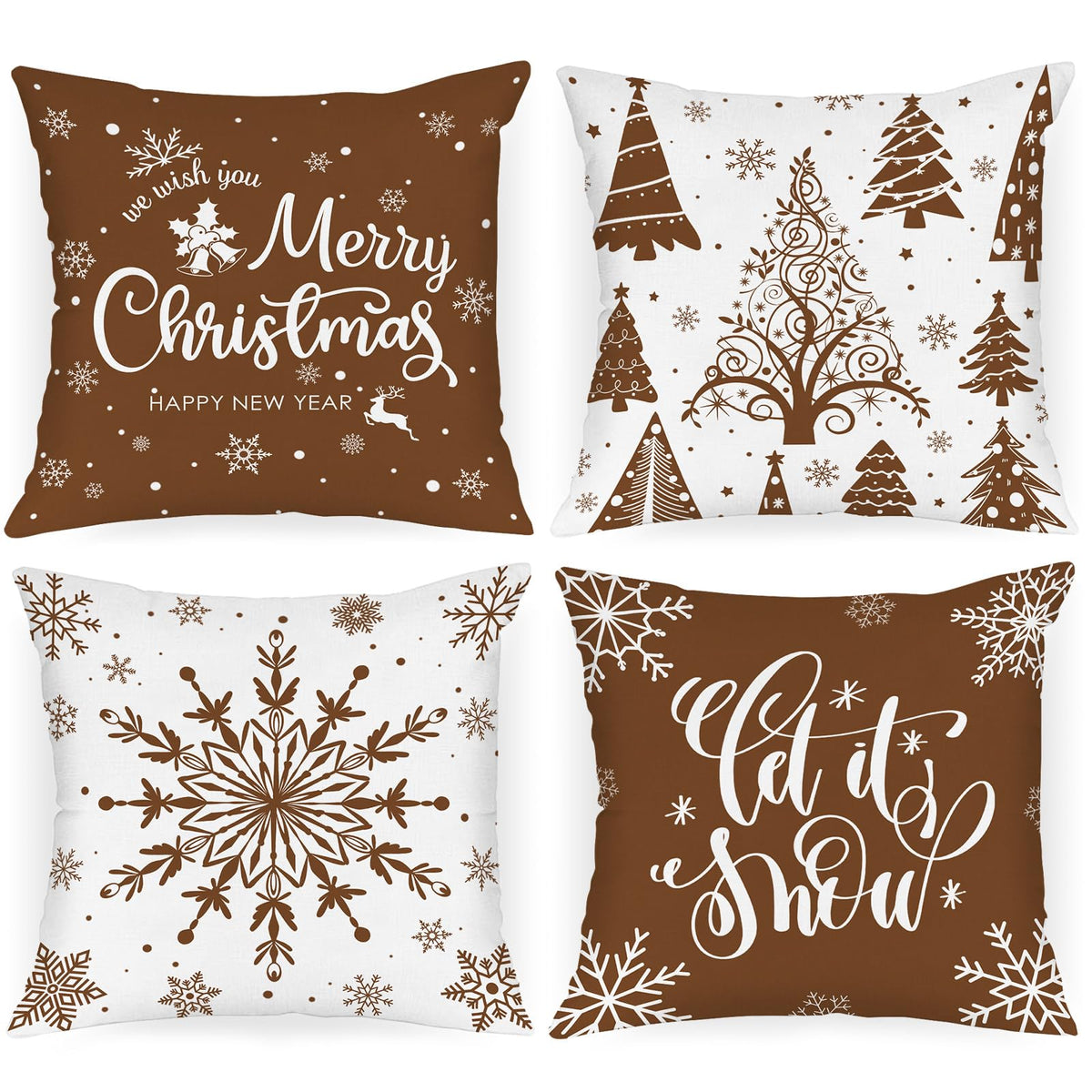 Christmas Throw Pillow Covers 18x18 Set of 4, Merry Christmas Winter Xmas Snowflake - Brown