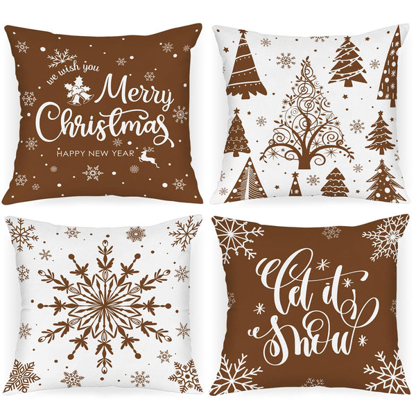 Christmas Throw Pillow Covers 18x18 Set of 4, Merry Christmas Winter Xmas Snowflake - Brown
