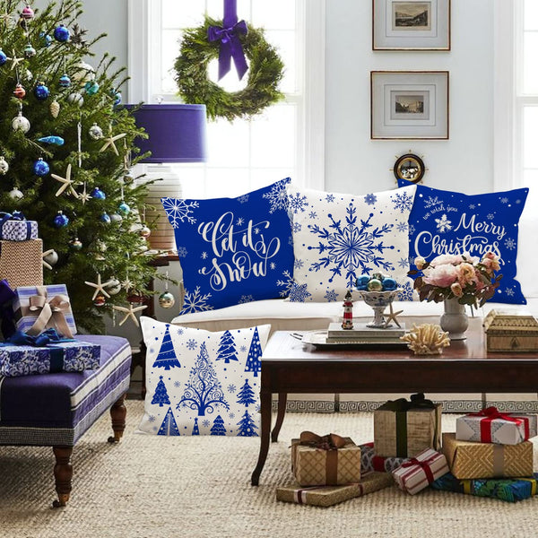 Christmas Throw Pillow Covers 18x18 Set of 4, Merry Christmas Winter Xmas Snowflake