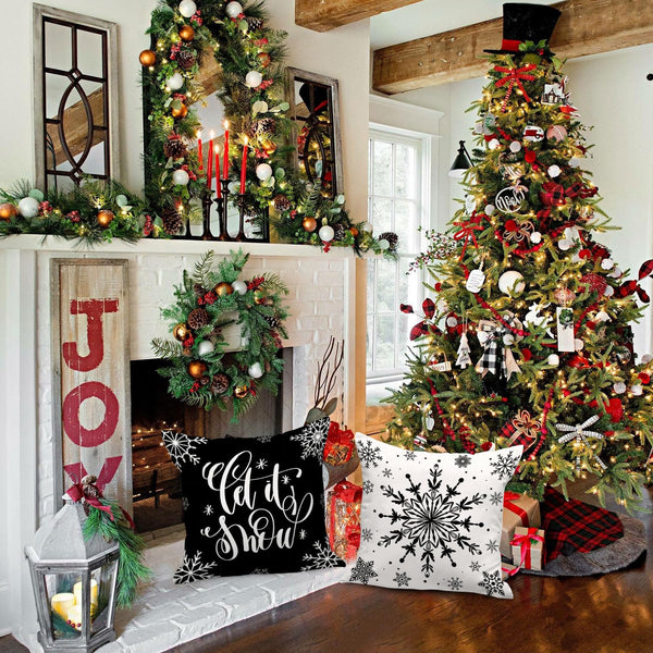 Christmas Throw Pillow Covers 18x18 4 pcs, Black White Merry Christmas Xmas Winter Snowflake