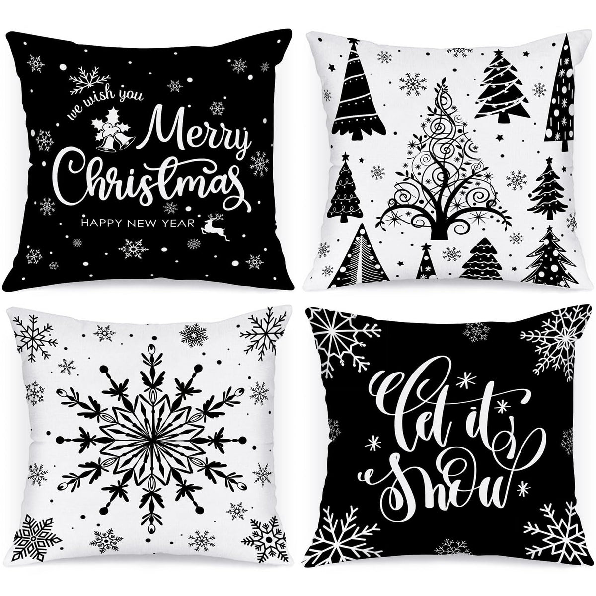 Christmas Throw Pillow Covers 18x18 4 pcs, Black White Merry Christmas Xmas Winter Snowflake