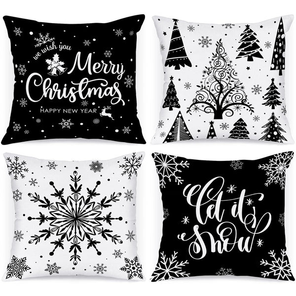 Christmas Throw Pillow Covers 18x18 4 pcs, Black White Merry Christmas Xmas Winter Snowflake