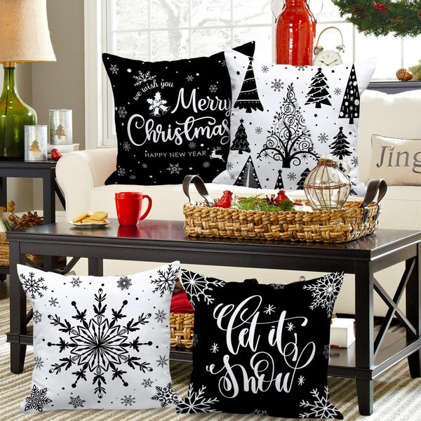 Christmas Throw Pillow Covers 18x18 4 pcs, Black White Merry Christmas Xmas Winter Snowflake