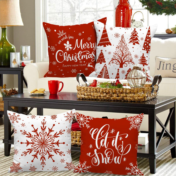 Christmas Throw Pillow Covers 18x18 Set of 4, Merry Christmas Winter Xmas Snowflake