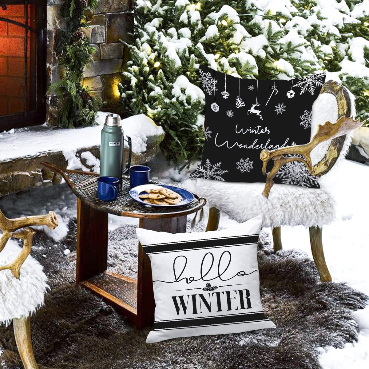 Hello Winter Merry Christmas Throw Pillow Covers 18x18 Set of 4, Decorative Black and White