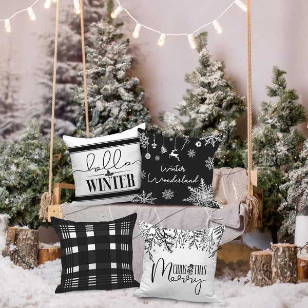 Hello Winter Merry Christmas Throw Pillow Covers 18x18 Set of 4, Decorative Black and White