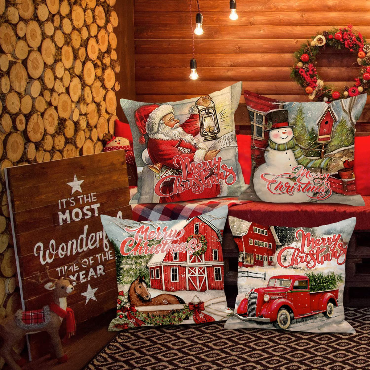 Vintage Merry Christmas Throw Pillow Covers 18x18 Set of 4, Decorative 18 inch Retro Xmas Santa