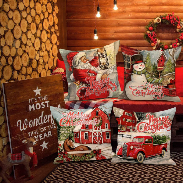 Vintage Merry Christmas Throw Pillow Covers 18x18 Set of 4, Decorative 18 inch Retro Xmas Santa