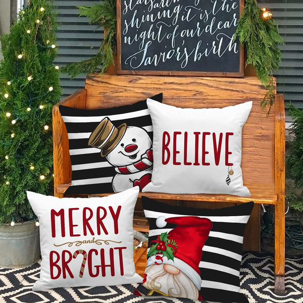 Winter Merry Christmas Throw Pillow Covers 18x18 Set of 4, Decorative Waterproof Red and Black Snowman