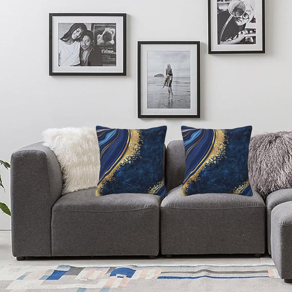 Navy Blue and Gold Marble Throw Pillow Cover 18x18 in Set of 2 Cushion Modern Farmhouse