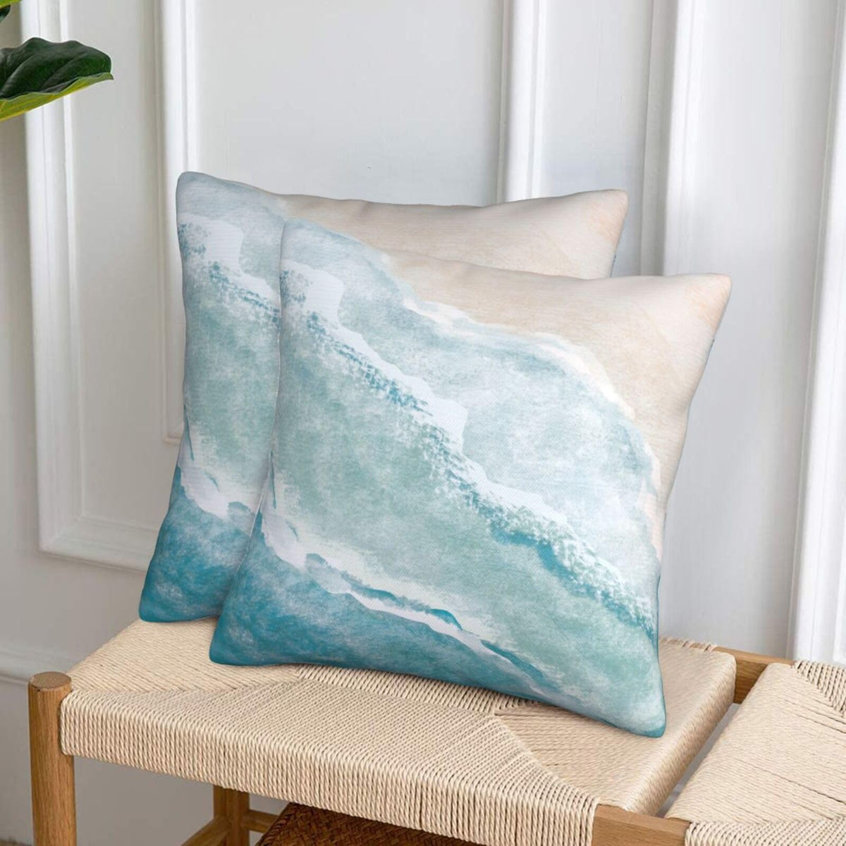 Beach Watercolor Blue Sea Ocean Throw Pillow Cover 18x18 in Set of 2 Cushion Modern