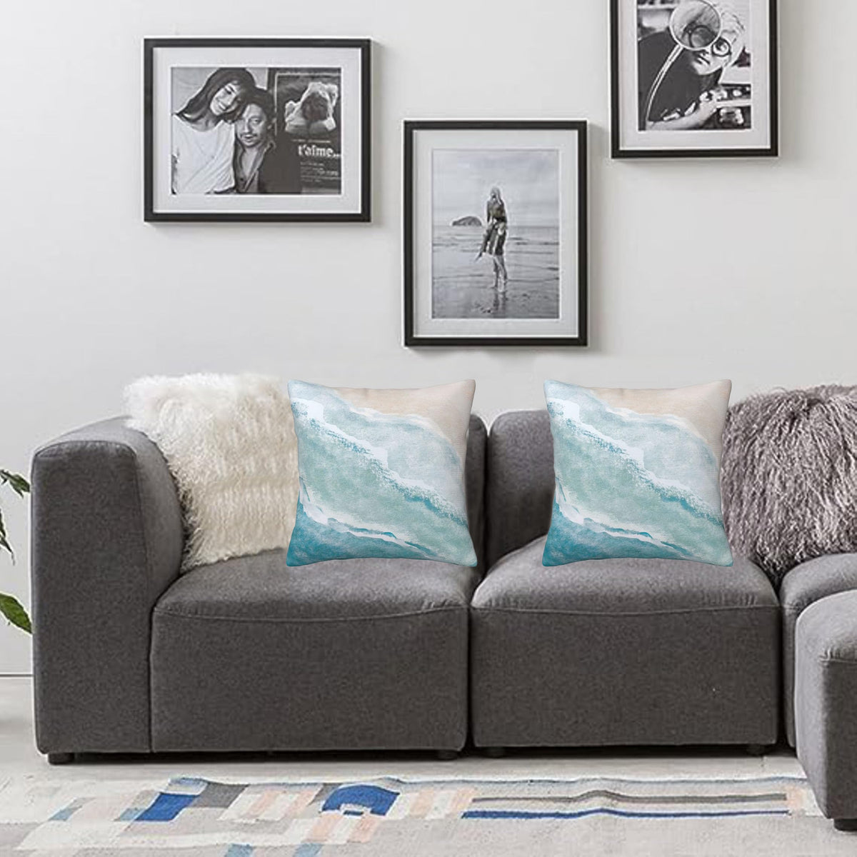 Beach Watercolor Blue Sea Ocean Throw Pillow Cover 18x18 in Set of 2 Cushion Modern