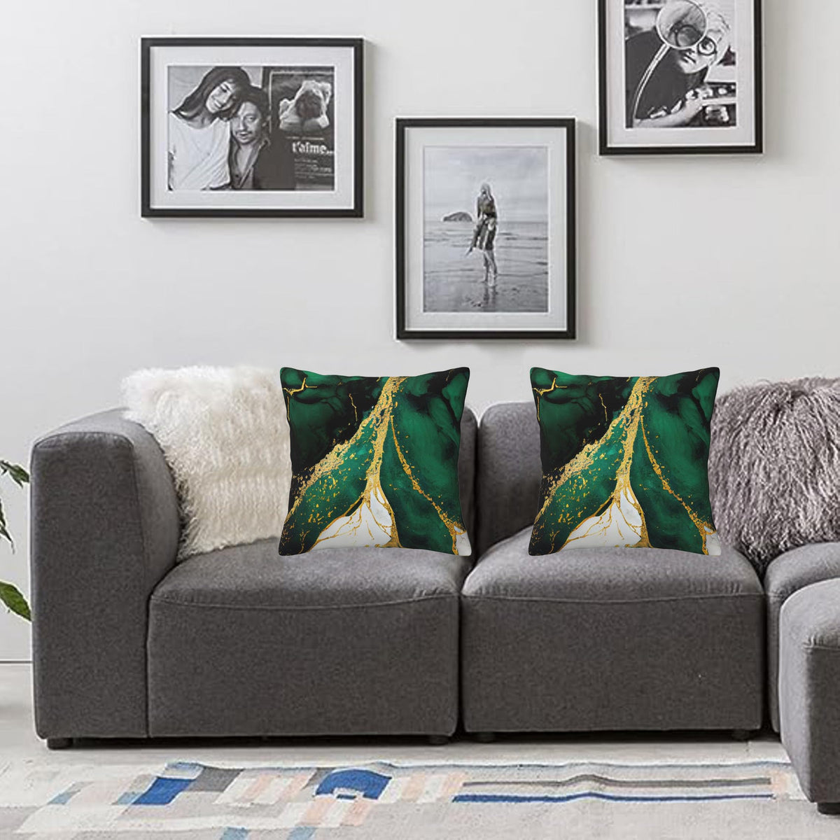 Emerald Green and Gold Throw Pillow Cover 18x18 in Set of 2 Marble Cushion Modern