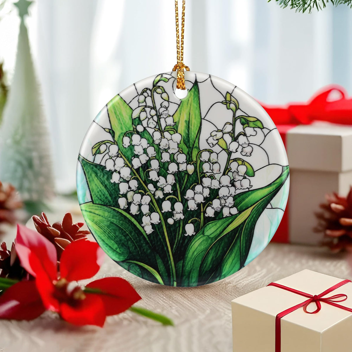 Lily of Valley Flower Ornament – Christmas Decoration &amp; Christmas Ornament; Round Ceramic