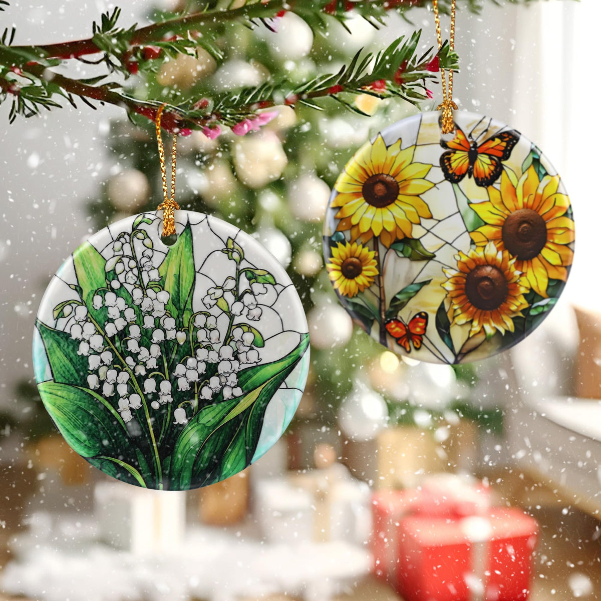 Lily of Valley Flower Ornament – Christmas Decoration &amp; Christmas Ornament; Round Ceramic