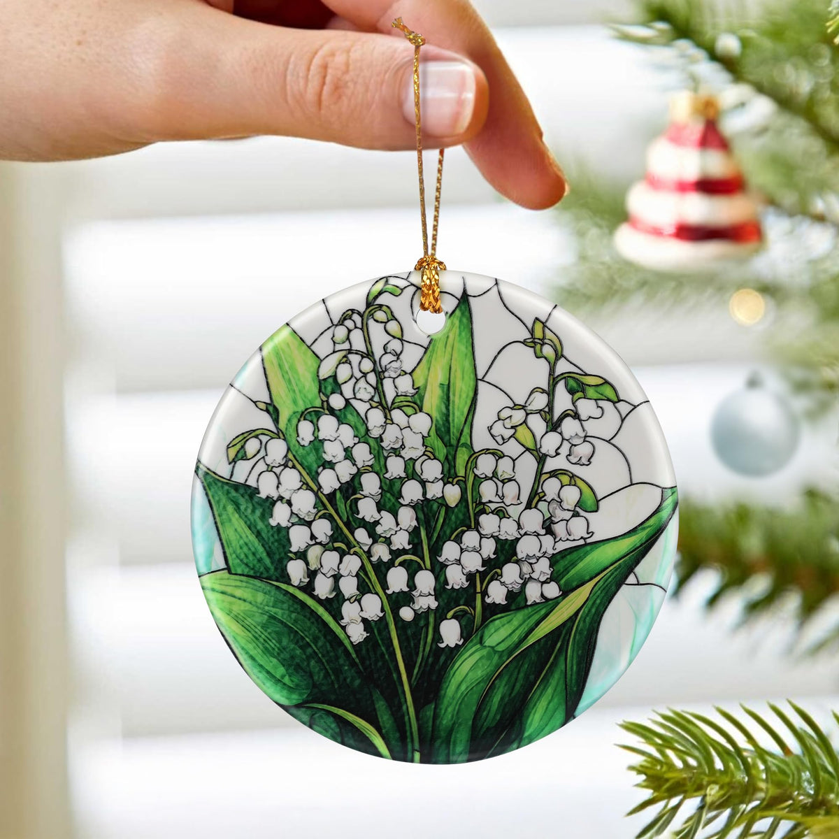 Lily of Valley Flower Ornament – Christmas Decoration &amp; Christmas Ornament; Round Ceramic