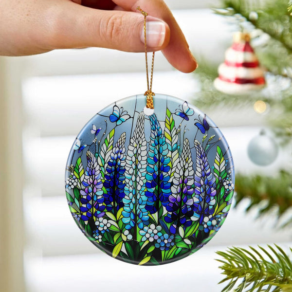 Lupine with Butterfly Ornament Ornament – Christmas Decoration &amp; Christmas Ornament; Round Ceramic