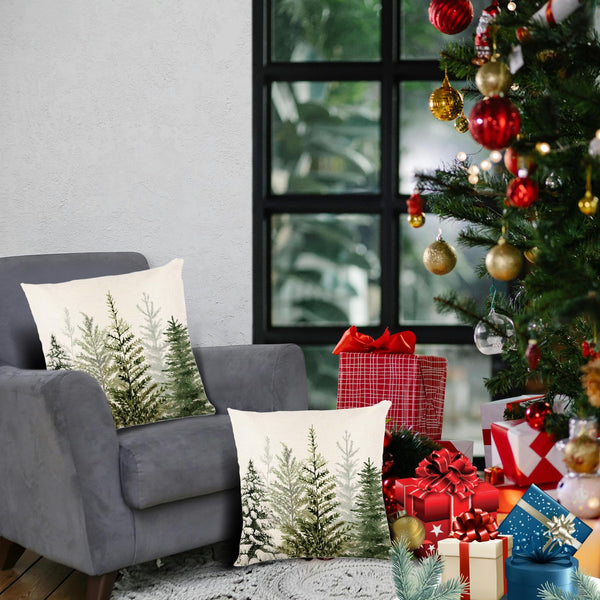 Christmas Pillow Covers 18 x 18 Inch Set of 2 Green Watercolor Christmas Tree Nature Forest Decorative Throw Pillows