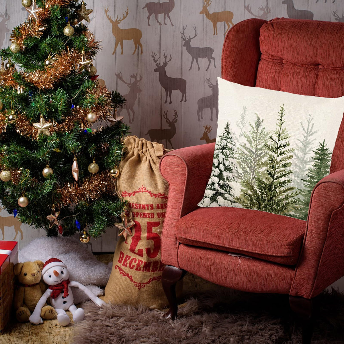 Christmas Pillow Covers 18 x 18 Inch Set of 2 Green Watercolor Christmas Tree Nature Forest Decorative Throw Pillows