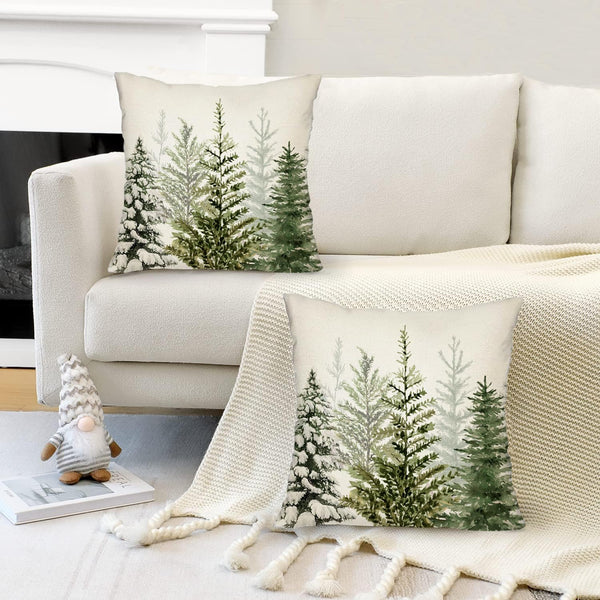 Christmas Pillow Covers 18 x 18 Inch Set of 2 Green Watercolor Christmas Tree Nature Forest Decorative Throw Pillows