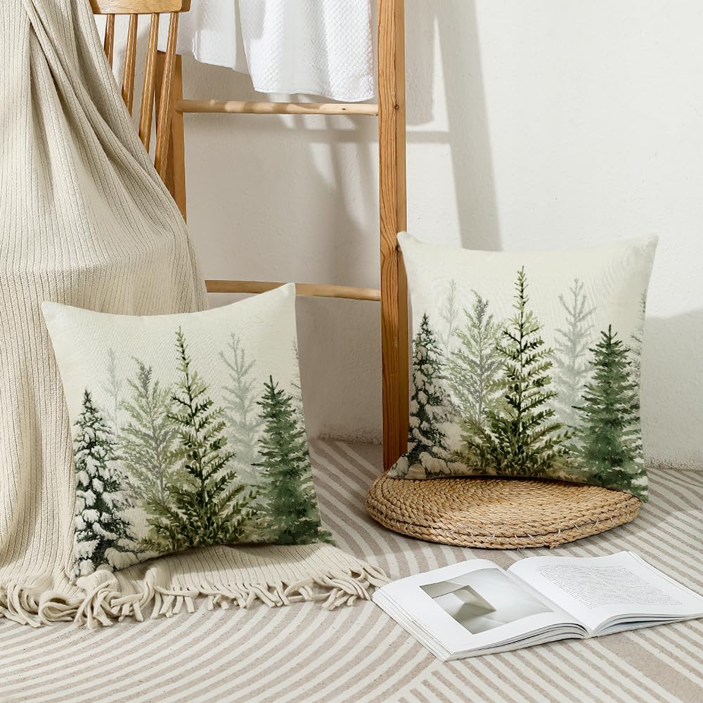 Christmas Pillow Covers 18 x 18 Inch Set of 2 Green Watercolor Christmas Tree Nature Forest Decorative Throw Pillows