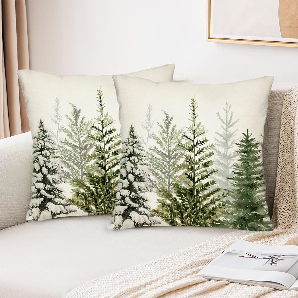 Christmas Pillow Covers 18 x 18 Inch Set of 2 Green Watercolor Christmas Tree Nature Forest Decorative Throw Pillows