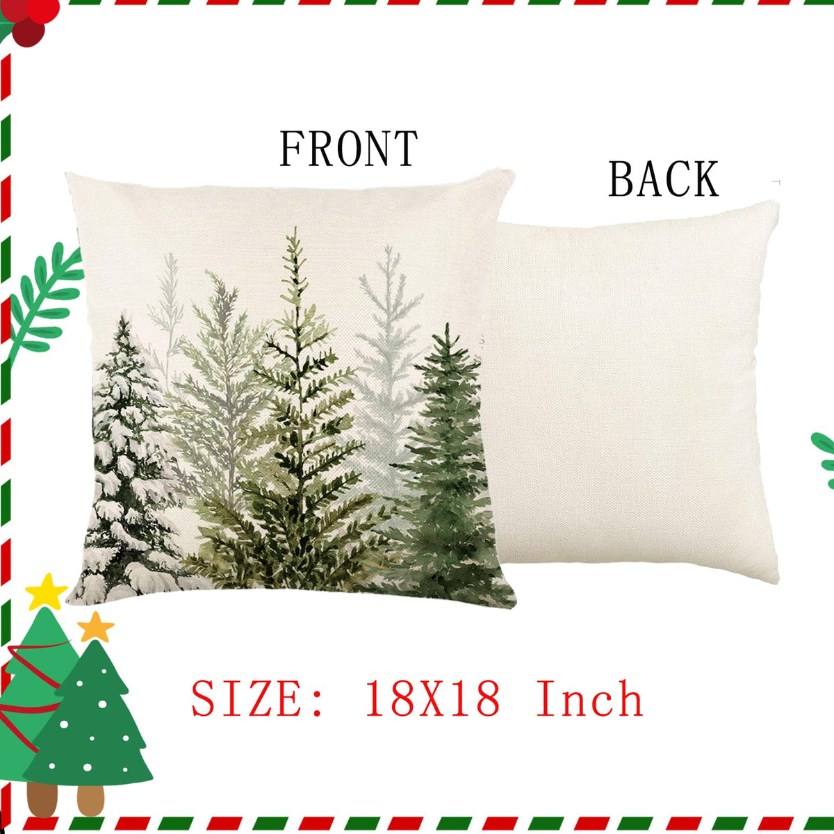 Christmas Pillow Covers 18 x 18 Inch Set of 2 Green Watercolor Christmas Tree Nature Forest Decorative Throw Pillows
