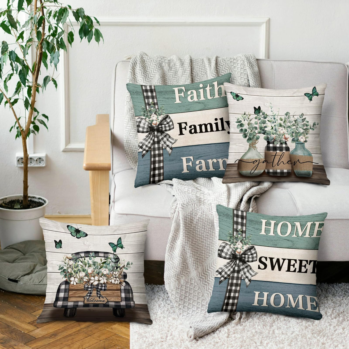 Eucalyptus Leaves Pillow Covers 18x18 Inch Set of 4 Green Farmhouse Home Sweet Home Truck Stripes Buffalo Plaid