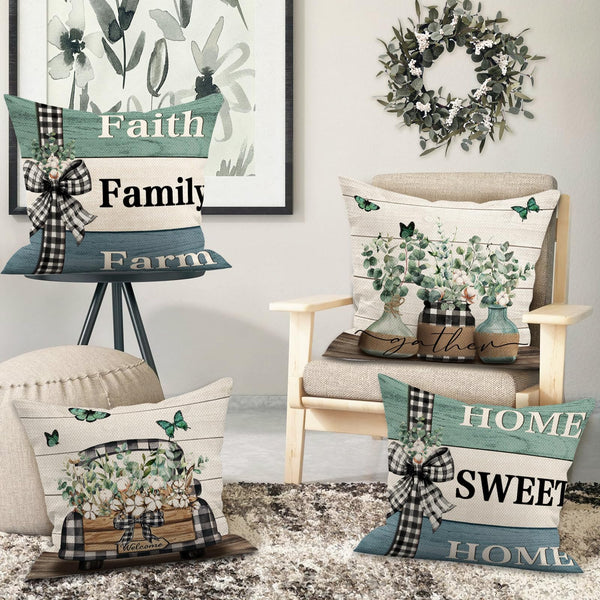 Eucalyptus Leaves Pillow Covers 18x18 Inch Set of 4 Green Farmhouse Home Sweet Home Truck Stripes Buffalo Plaid
