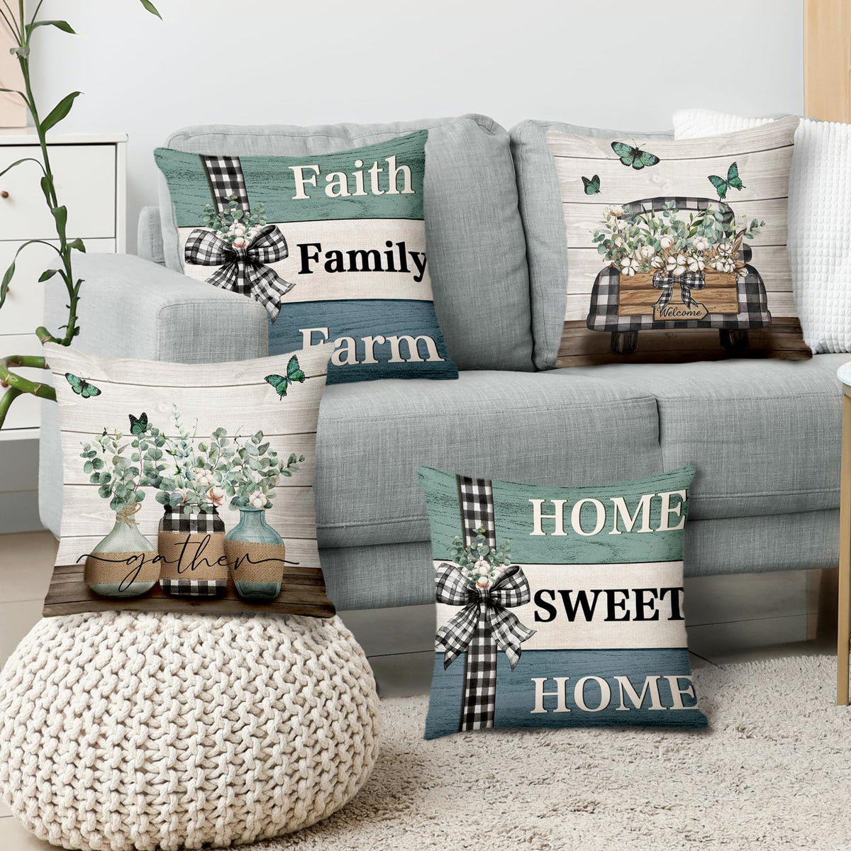 Eucalyptus Leaves Pillow Covers 18x18 Inch Set of 4 Green Farmhouse Home Sweet Home Truck Stripes Buffalo Plaid