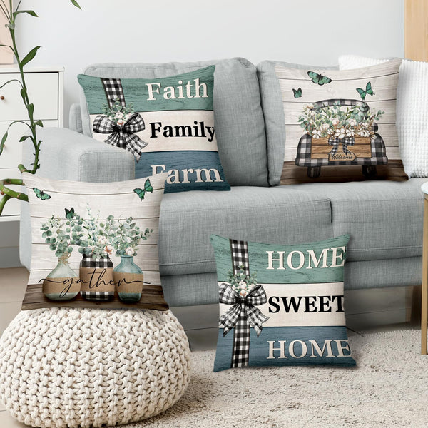 Eucalyptus Leaves Pillow Covers 18x18 Inch Set of 4 Green Farmhouse Home Sweet Home Truck Stripes Buffalo Plaid