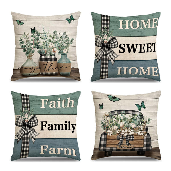 Eucalyptus Leaves Pillow Covers 18x18 Inch Set of 4 Green Farmhouse Home Sweet Home Truck Stripes Buffalo Plaid