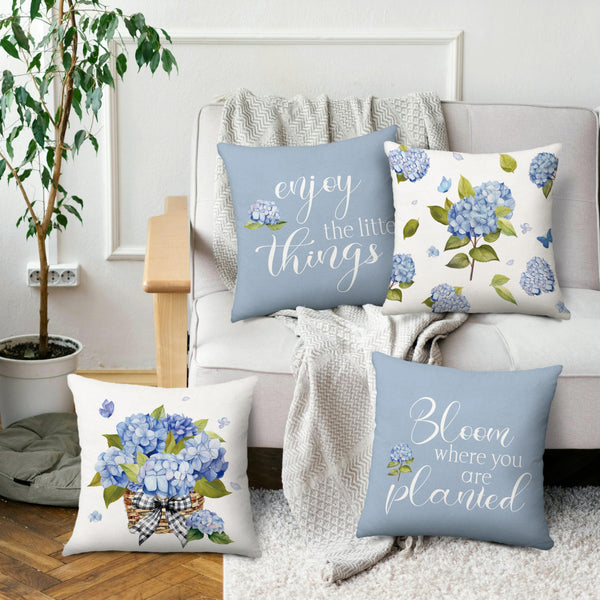 Blue Hydrangea Pillow Covers 18x18 Inch Set of 4 Enjoy The Little Things Summer Throw Pillow Covers Spring Hydrangea