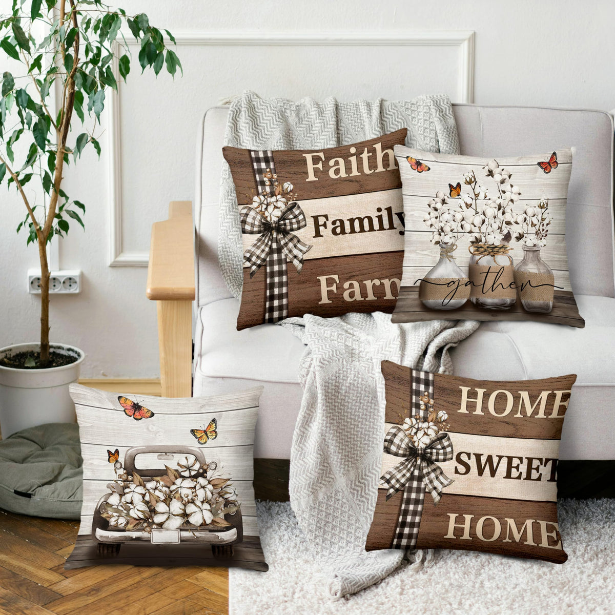 Farmhouse Pillow Covers 18x18 Inch Set of 4 Home Sweet Home Brown Throw Pillow Covers Truck Stripes Buffalo Plaid