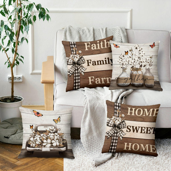 Farmhouse Pillow Covers 18x18 Inch Set of 4 Home Sweet Home Brown Throw Pillow Covers Truck Stripes Buffalo Plaid