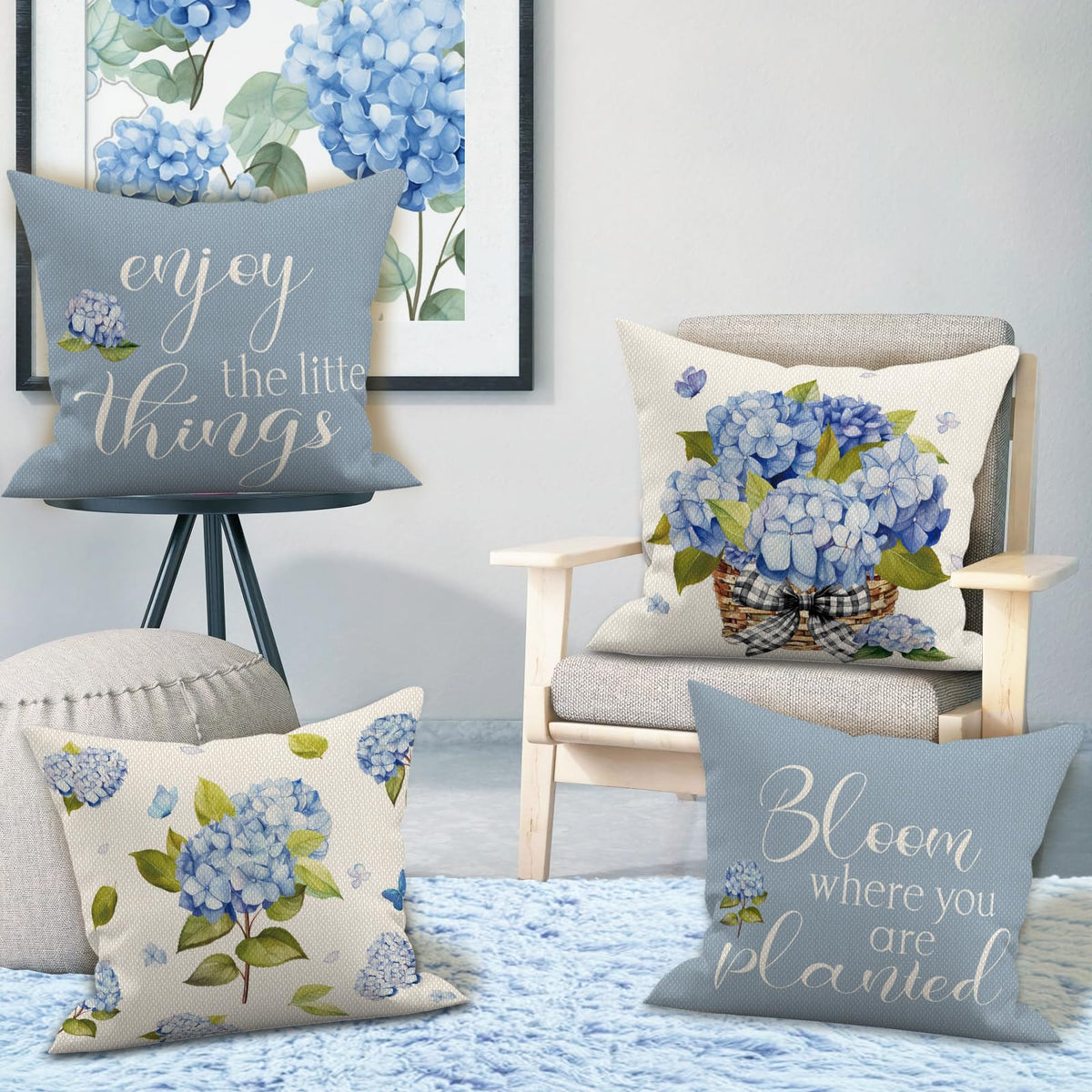 Blue Hydrangea Pillow Covers 18x18 Inch Set of 4 Enjoy The Little Things Summer Throw Pillow Covers Spring Hydrangea