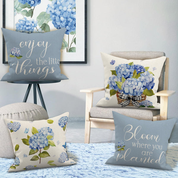Blue Hydrangea Pillow Covers 18x18 Inch Set of 4 Enjoy The Little Things Summer Throw Pillow Covers Spring Hydrangea