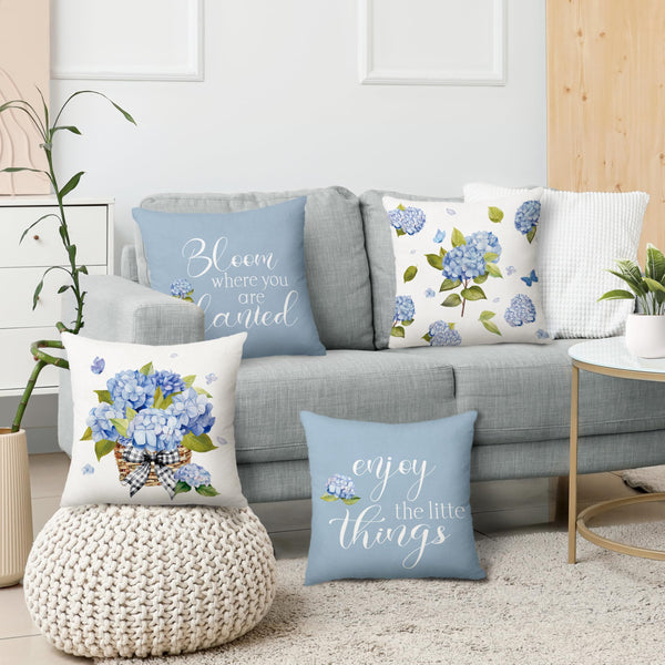 Blue Hydrangea Pillow Covers 18x18 Inch Set of 4 Enjoy The Little Things Summer Throw Pillow Covers Spring Hydrangea