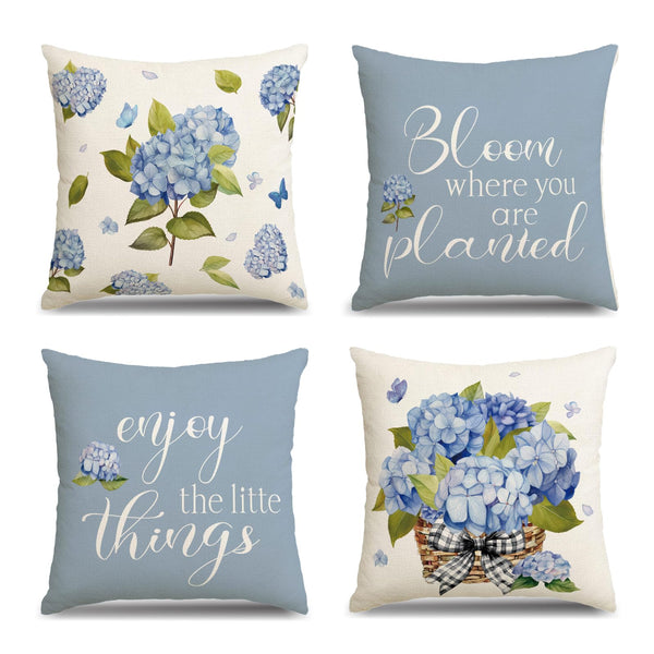 Blue Hydrangea Pillow Covers 18x18 Inch Set of 4 Enjoy The Little Things Summer Throw Pillow Covers Spring Hydrangea