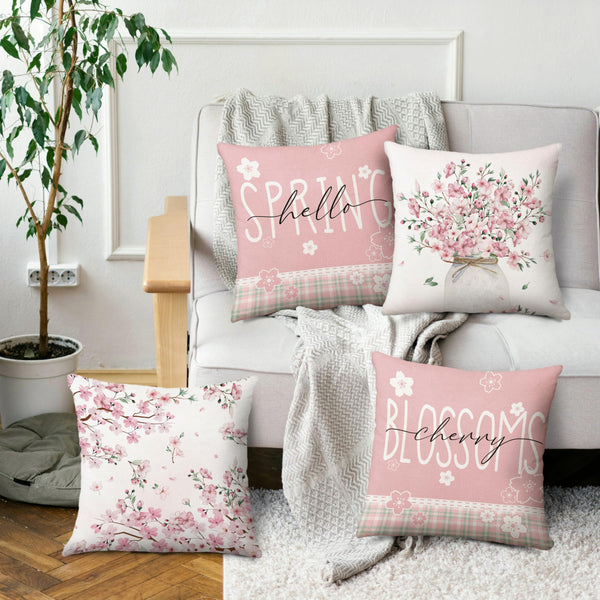Pink Sakura Pillow Covers 18x18 Inch Set of 4 Hello Spring Floral Throw Pillow Covers Cherry Blossom Japanese Flower