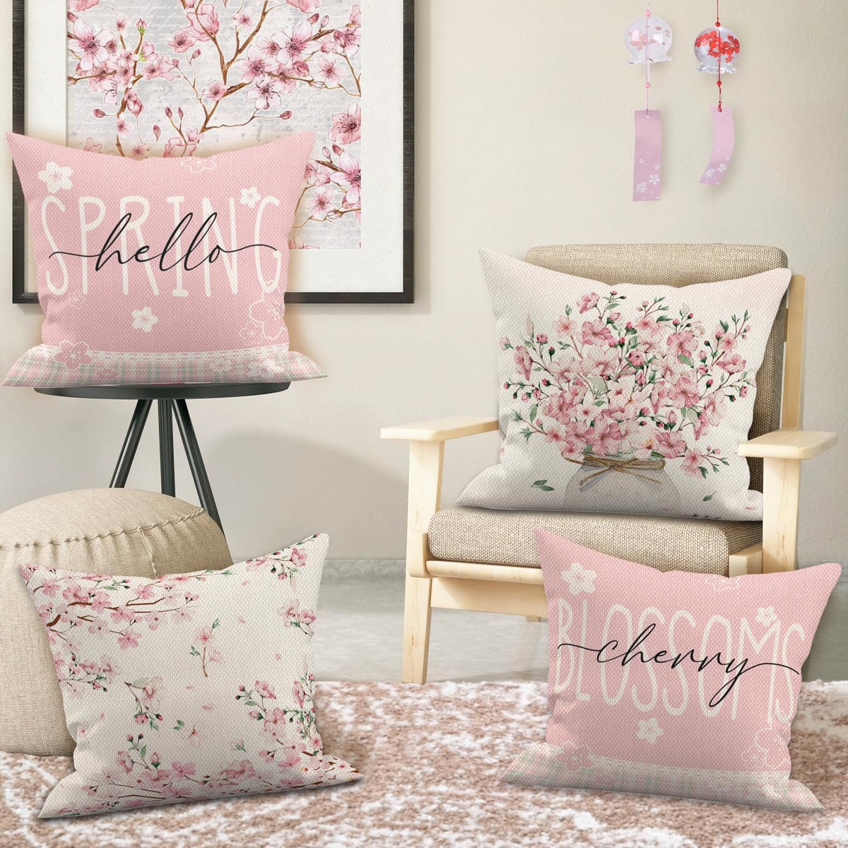 Pink Sakura Pillow Covers 18x18 Inch Set of 4 Hello Spring Floral Throw Pillow Covers Cherry Blossom Japanese Flower