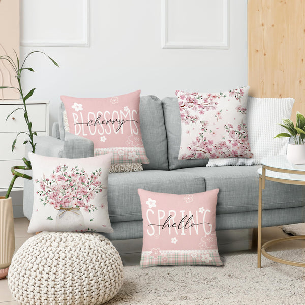 Pink Sakura Pillow Covers 18x18 Inch Set of 4 Hello Spring Floral Throw Pillow Covers Cherry Blossom Japanese Flower