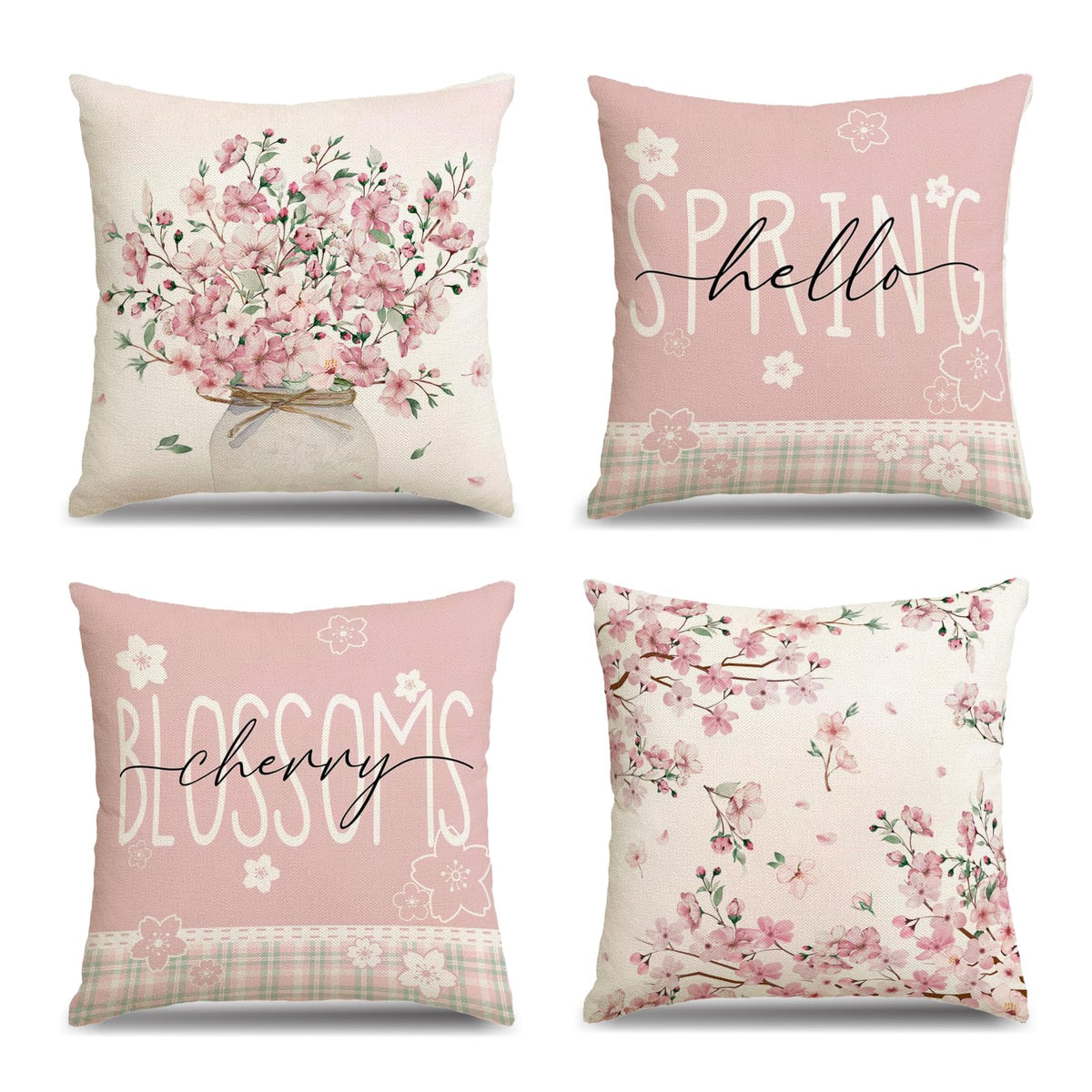 Pink Sakura Pillow Covers 18x18 Inch Set of 4 Hello Spring Floral Throw Pillow Covers Cherry Blossom Japanese Flower