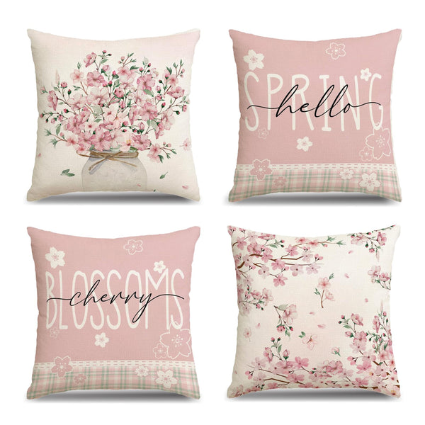 Pink Sakura Pillow Covers 18x18 Inch Set of 4 Hello Spring Floral Throw Pillow Covers Cherry Blossom Japanese Flower
