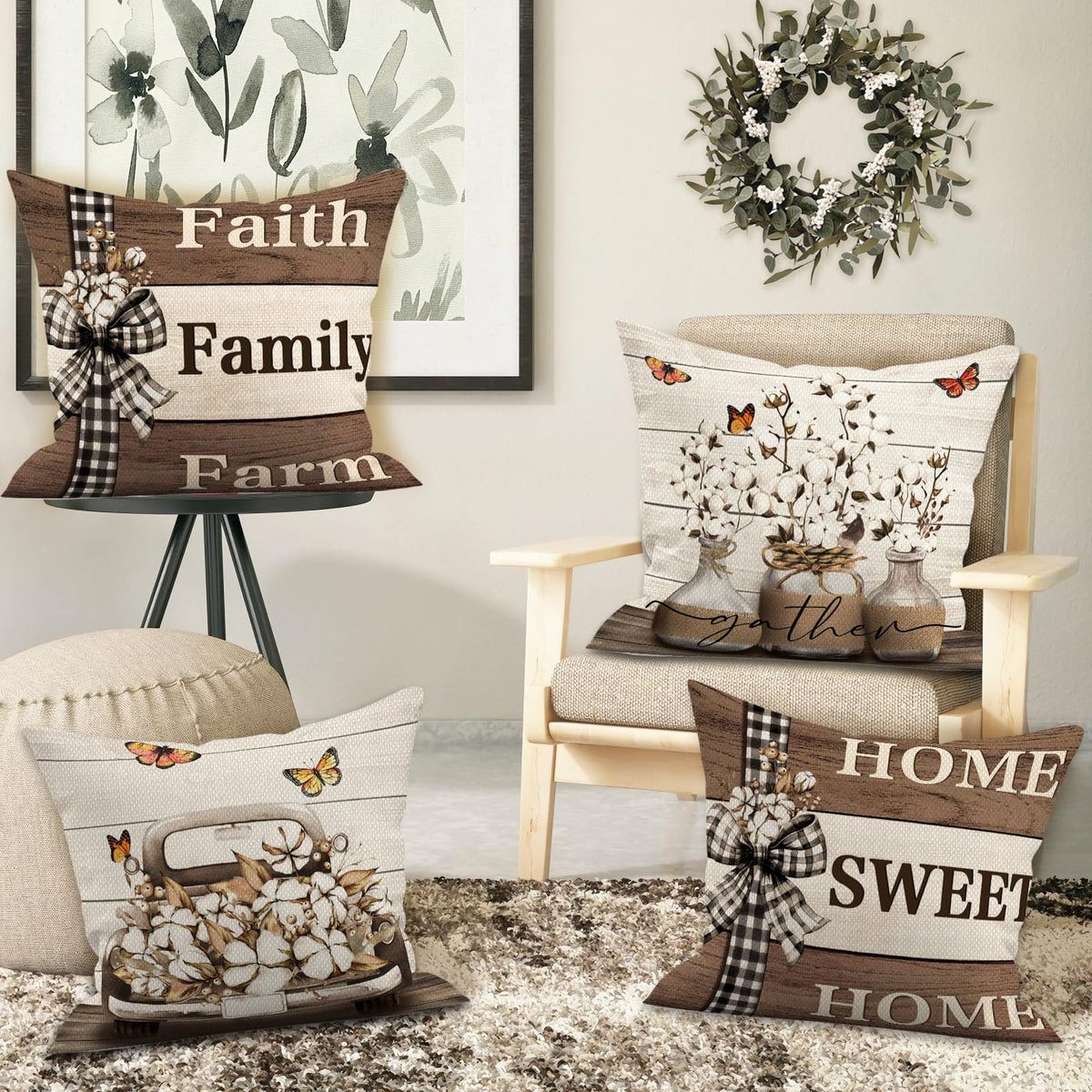 Farmhouse Pillow Covers 18x18 Inch Set of 4 Home Sweet Home Brown Throw Pillow Covers Truck Stripes Buffalo Plaid